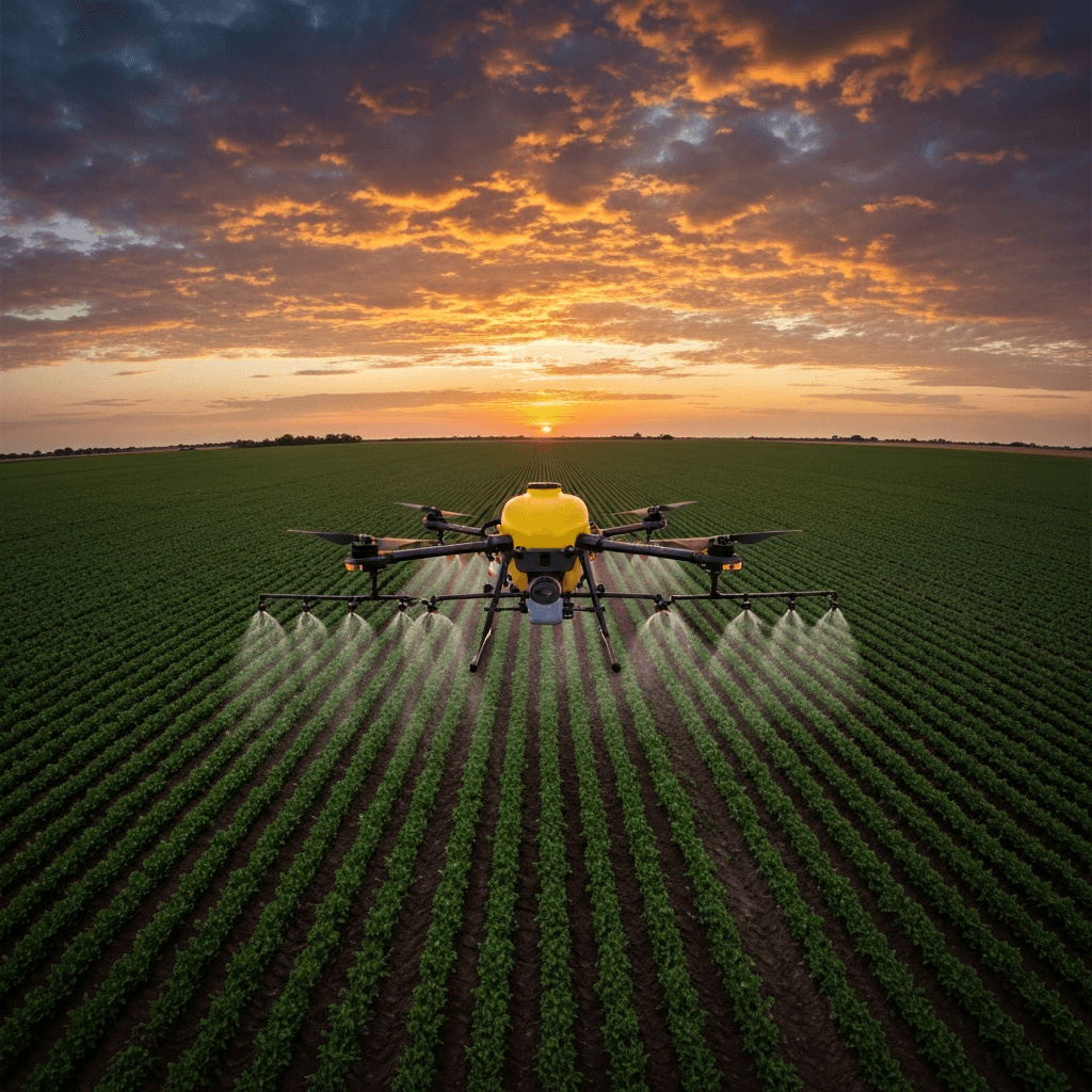 水田の上空を低空飛行しながら農薬を散布する農業用ドローン