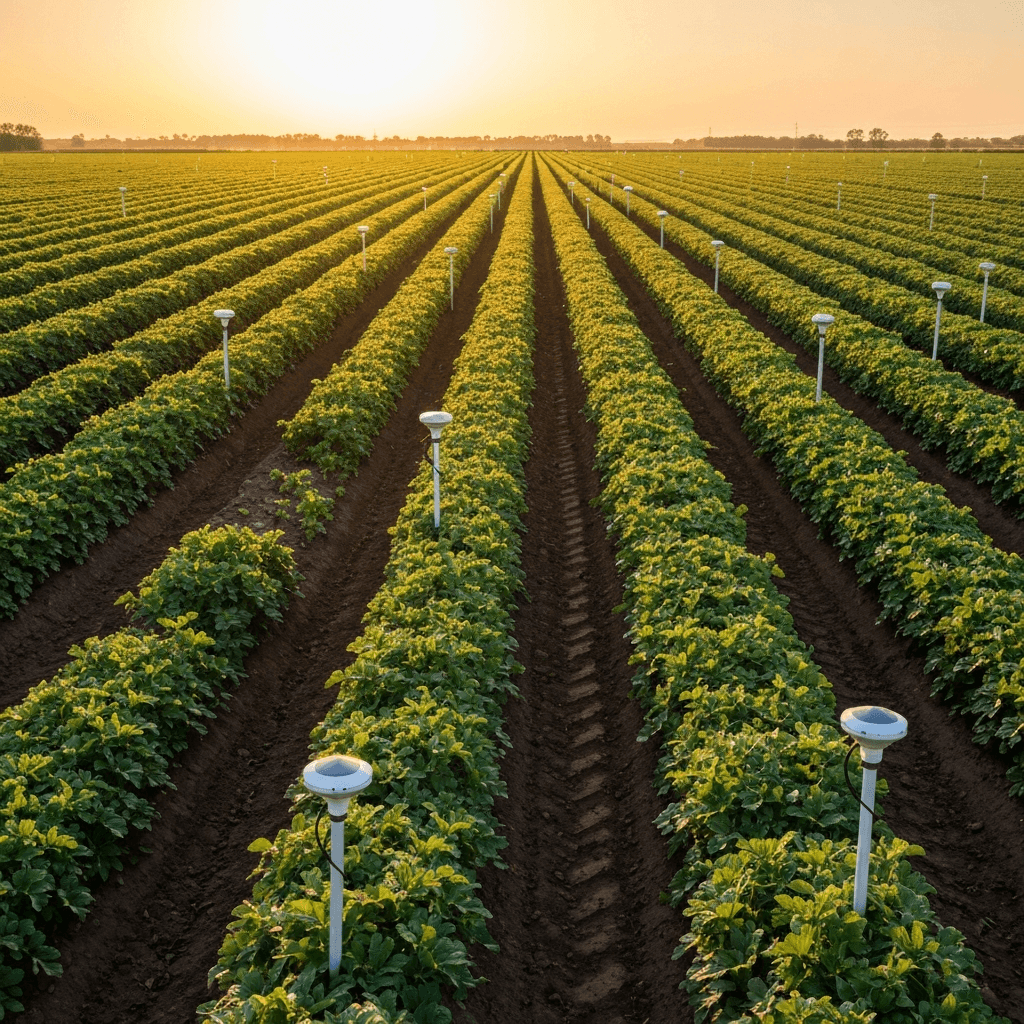 圃場に設置された気象観測用IoTセンサーと遠方に広がる農地の風景