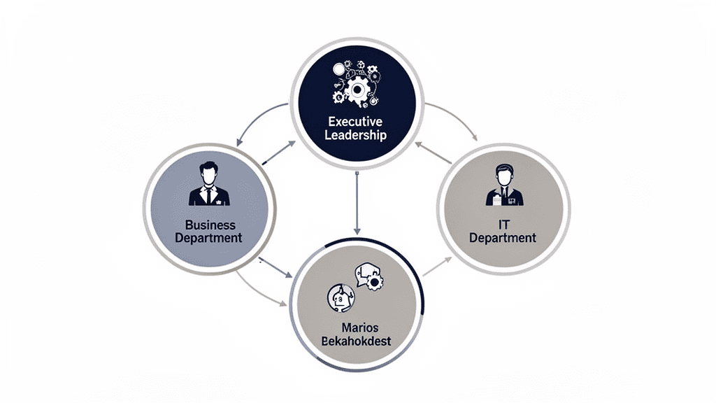 AI導入プロジェクトの3つのステークホルダー：経営層・事業部門・IT部門の連携関係
