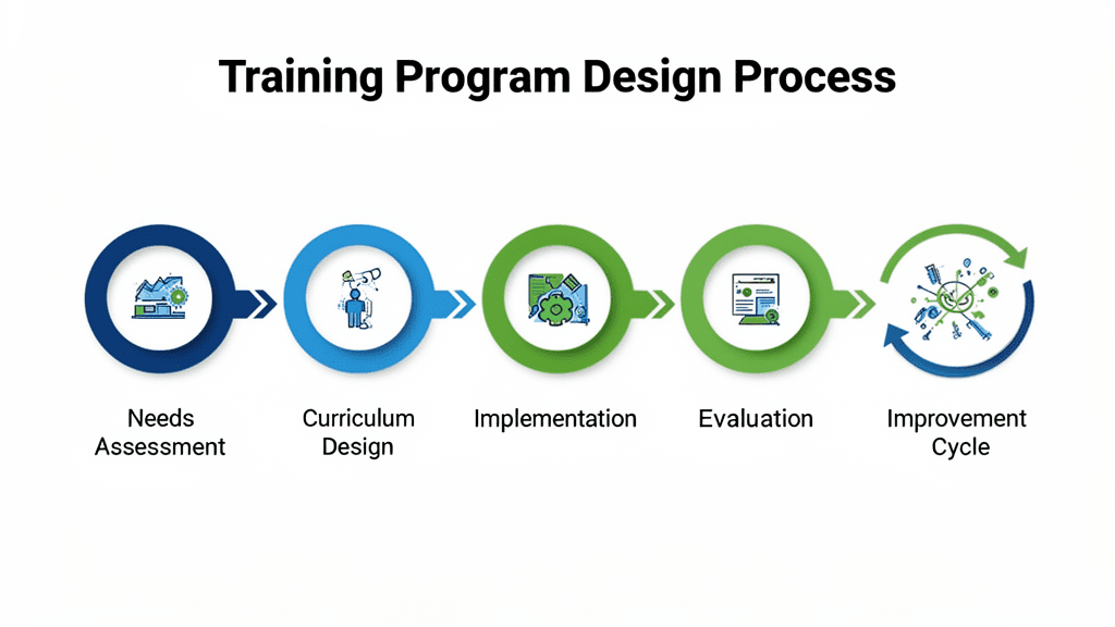 研修設計フローチャート：アセスメントからカリキュラム設計、実施、効果測定までの流れ