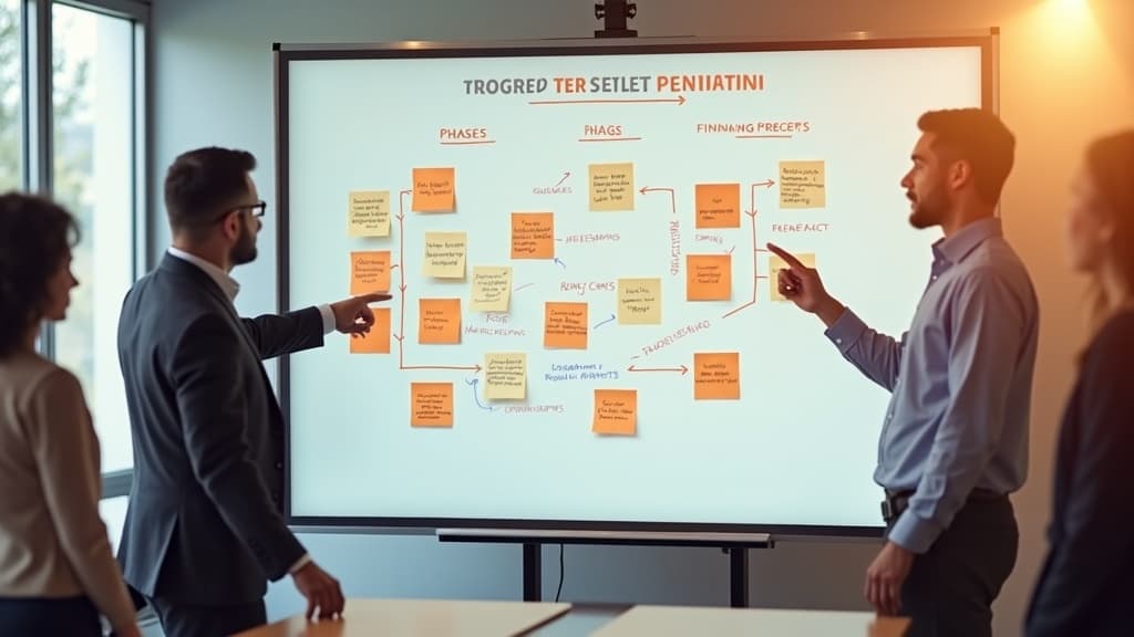 ホワイトボードに描かれたプロジェクトタイムライン。フェーズごとに整理された付箋とマイルストーンを結ぶ矢印を指しながら進捗を確認するチームメンバー