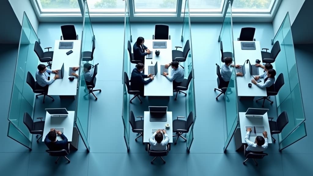 部門間のサイロ化を象徴するオフィス俯瞰図。ガラスパーティションで分断された各部門が独立して業務を行っている