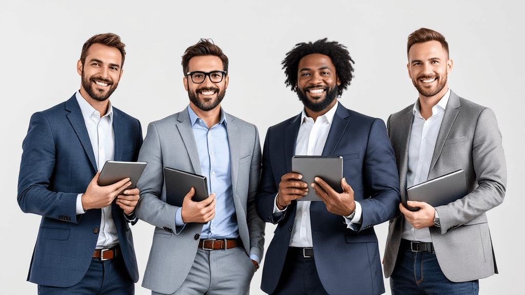 4人のDX人材が並ぶプロフェッショナルポートレート。タブレットやラップトップを持ち、それぞれの専門性を表現している