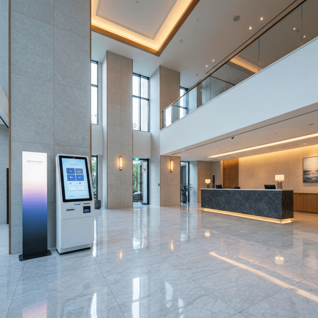 デジタルサイネージとモダンな照明が設置されたホテルのエントランスロビー