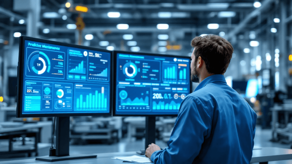 工場の制御室で予知保全ダッシュボードを確認するエンジニア。設備健全性スコアや異常検知グラフが表示されている
