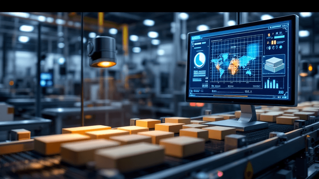 AI搭載の品質検査システム。コンベアベルト上の製品をカメラがスキャンし、モニターに検出結果が表示されている