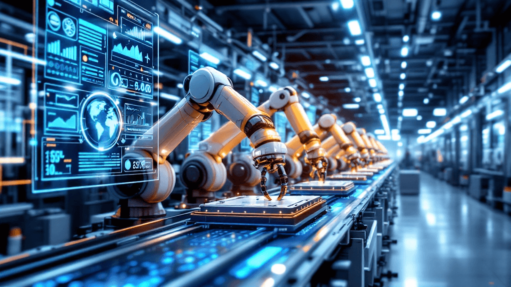 ロボットアームが稼働するスマートファクトリーの生産ライン。デジタルディスプレイがリアルタイムの生産データを表示している