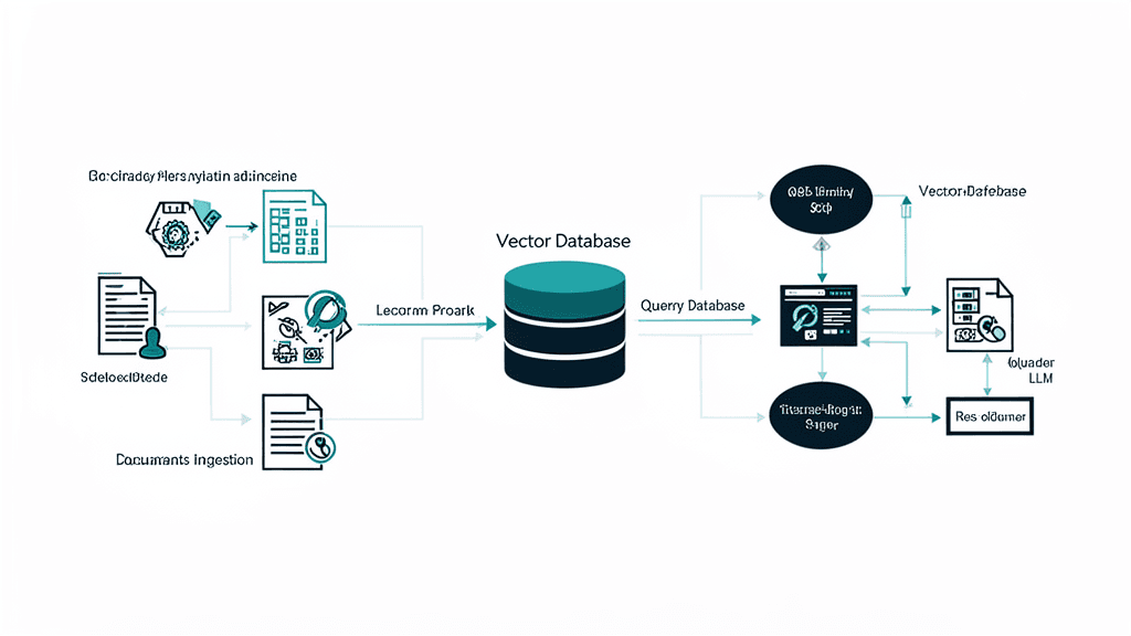 RAGアーキテクチャ図：ドキュメント取り込み、ベクトルDB、LLMによる回答生成の流れ