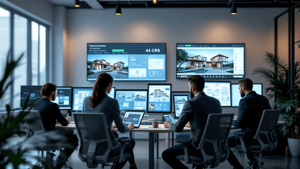 デジタルディスプレイに物件情報が表示されたモダンな不動産オフィス。タブレットで作業する営業担当者たち