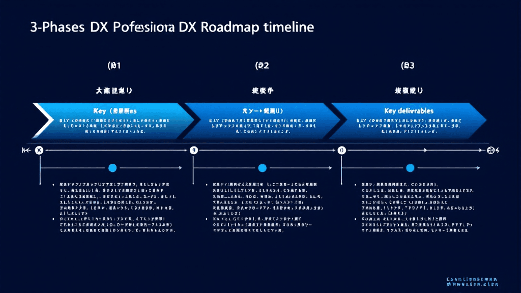 大型スクリーンに表示されたDXロードマップ。3つのフェーズがアイコンと進捗インジケーターで示され、ビジネスリーダーが少人数のチームにプレゼンテーションしている