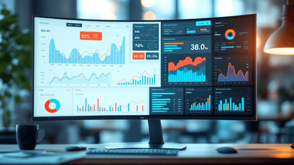経営ダッシュボードが表示されたウルトラワイドモニター。KPIチャートや上昇トレンドのグラフが映し出されている