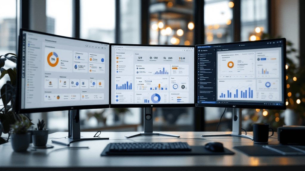 複数モニターに異なるビジネスツールとダッシュボードが表示されたテクノロジースタック。ツール間のデータ連携を可視化したフロー図